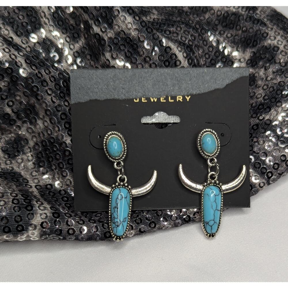 Turquoise Western Bull Head Earrings Silver Tone Cow Skull Dangle Statement Boho - Picture 2 of 8